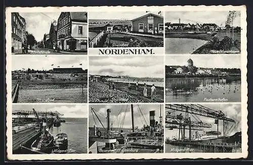 AK Nordenham, Bahnhofstrasse mit Geschäft, Fischereihafen, Bananenschiff Oldenburg