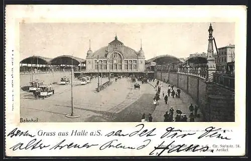 AK Halle a. S., Bahnhof mit Strassenbahn