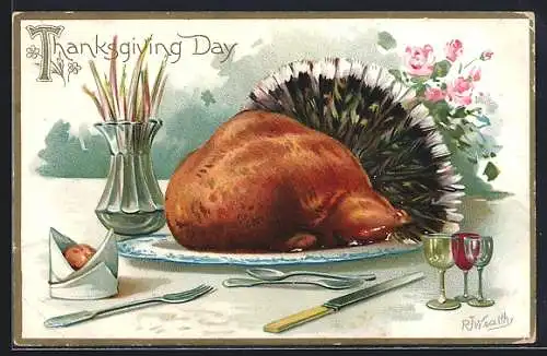 Präge-AK Thanksgiving Day, Gebratener Truthahn mit Tischgedeck