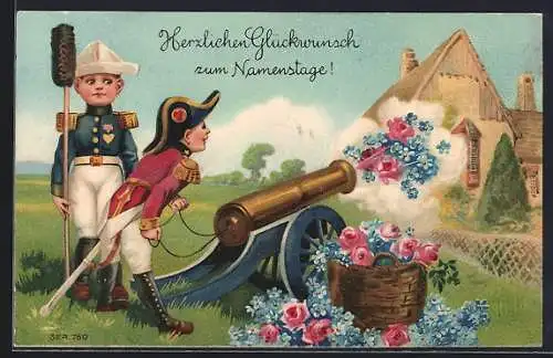 Präge-AK Kinder an der Kanone schiessen mit Rosen und Vergissmeinnicht, Namenstag