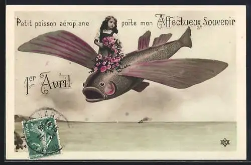 AK Mädchen auf einem fliegenden Fisch, 1. April