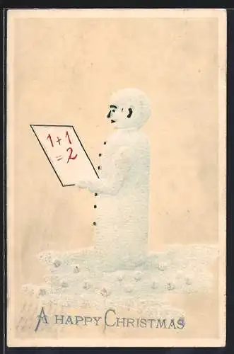 Präge-AK Schneemann mit Papier in den Händen, A Happy Christmas