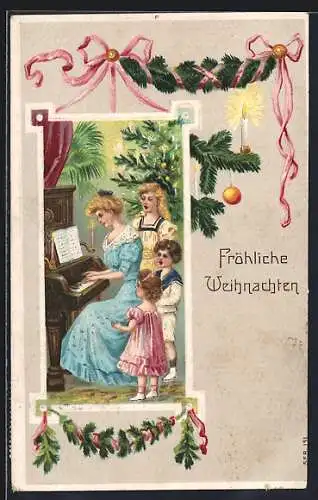 Präge-AK Musizierende Familie am Klavier, Fröhliche Weihnachten