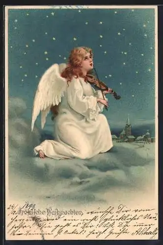 AK Weihnachtsengel sitzt auf der Wolke und musiziert auf der Geige