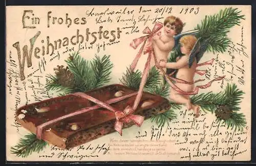 Präge-AK Kleine Engelchen mit einem Lebkuchen, Weihnachtsgruss