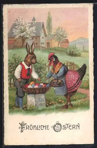 AK Osterhase und Henne mit bunten Ostereiern am Wegrand