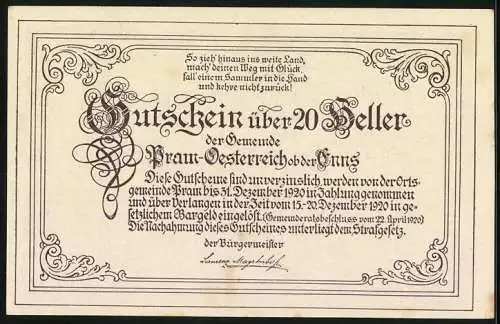 Notgeld Pram, 20 Heller, detaillierte Landschaftsszene von 1620