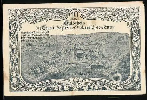 Notgeld Pram 1920, 10 Heller, historische Ansicht von Pram und dekorativer Schriftzug