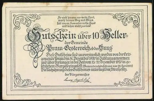 Notgeld Pram 1920, 10 Heller, historische Ansicht von Pram und dekorativer Schriftzug