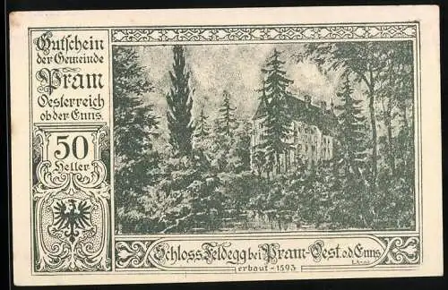 Notgeld Pram 1920, 50 Heller, Schloss Zellegg und künstlerische Schriftzüge