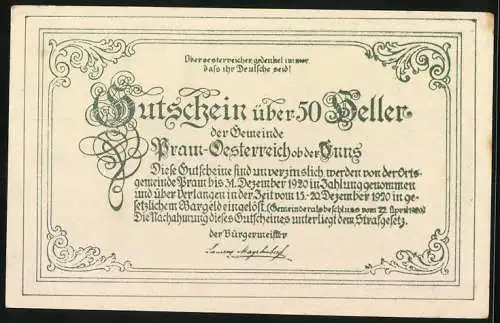 Notgeld Pram 1920, 50 Heller, Schloss Zellegg und künstlerische Schriftzüge