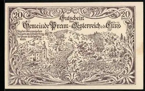 Notgeld Pram 1920, 20 Heller, Landschaft mit Schloss und dekorative Schriftzüge