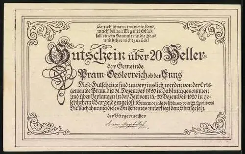 Notgeld Pram 1920, 20 Heller, Landschaft mit Schloss und dekorative Schriftzüge