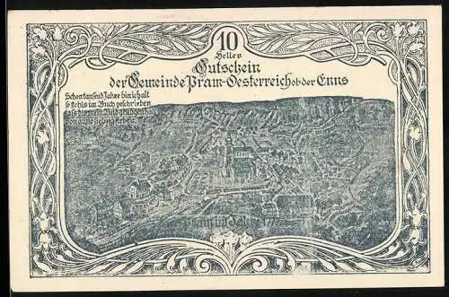 Notgeld Traun ob der Enns, 10 Heller, Stadtansicht mit Ornamenten