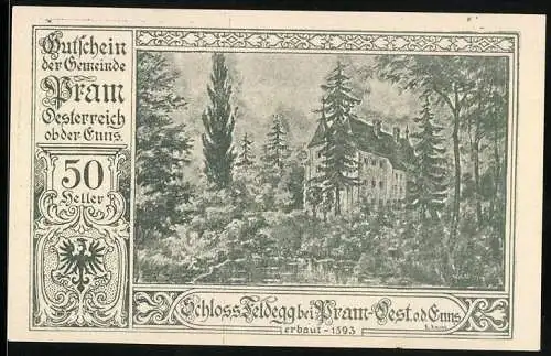 Notgeld Pram 1920, 50 Heller, Schloss Feldegg Landschaftsmotiv, Wappen vorhanden