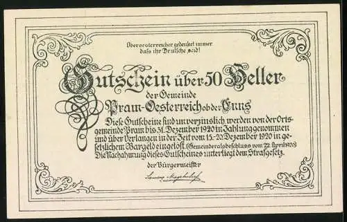 Notgeld Pram 1920, 50 Heller, Schloss Feldegg Landschaftsmotiv, Wappen vorhanden