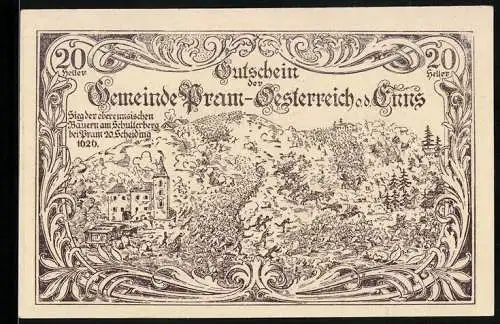 Notgeld Pram 1920, 20 Heller, Bauernschlacht am Schulerberg 1620, kunstvolles Design