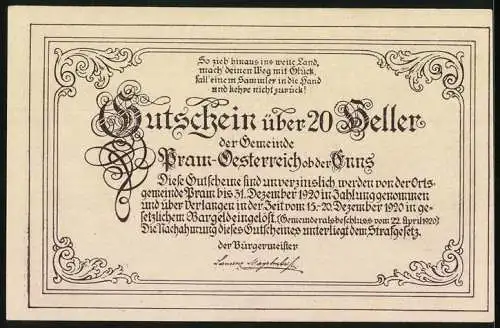 Notgeld Pram 1920, 20 Heller, Bauernschlacht am Schulerberg 1620, kunstvolles Design