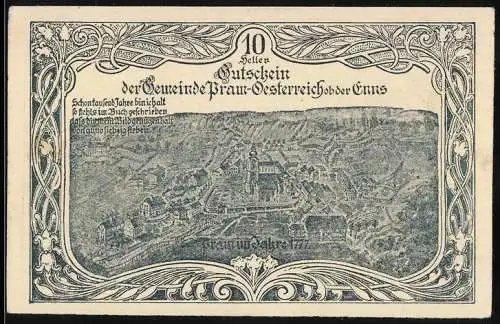 Notgeld Pram 1920, 10 Heller, Stadtansicht mit Ornamenten