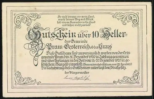 Notgeld Pram 1920, 10 Heller, Stadtansicht mit Ornamenten