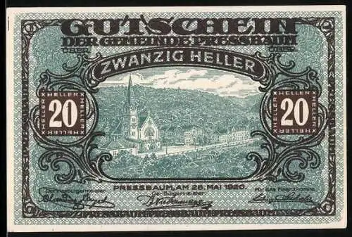 Notgeld Pressbaum 1920, 20 Heller, Stadtansicht mit Kirche und Landschaft