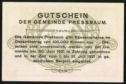 Notgeld Pressbaum 1920, 20 Heller, Stadtansicht mit Kirche und Landschaft