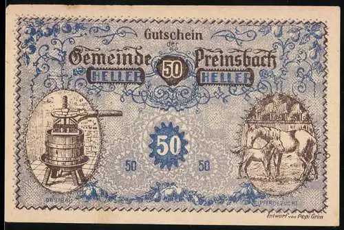 Notgeld Preinsbach 1920, 50 Heller, Weinpresse und Pferdezucht, Seriennummer und Unterschriften