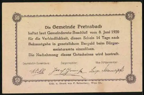 Notgeld Preinsbach 1920, 50 Heller, Weinpresse und Pferdezucht, Seriennummer und Unterschriften