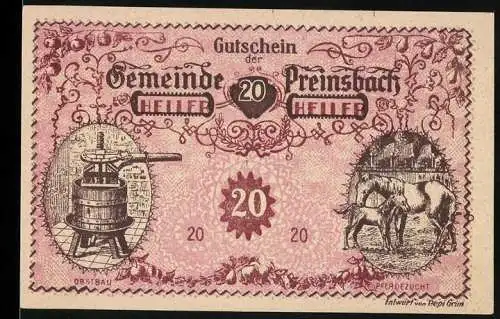 Notgeld Preinsbach 1920, 20 Heller, Obstbau und Pferdezucht-Motive