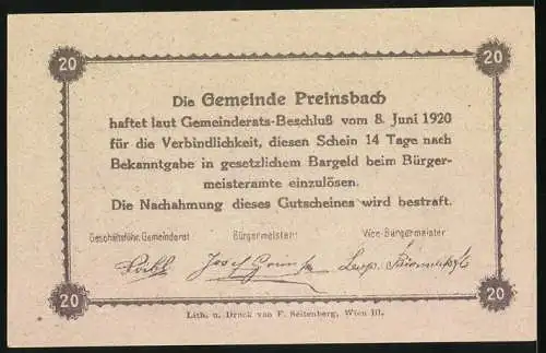 Notgeld Preinsbach 1920, 20 Heller, Obstbau und Pferdezucht-Motive