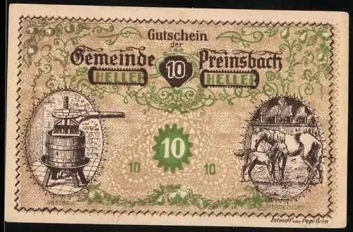 Notgeld Preinsbach 1920, 10 Heller, Weinpresse und Pferdezucht-Motiv