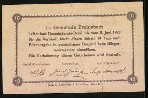 Notgeld Preinsbach 1920, 10 Heller, Weinpresse und Pferdezucht-Motiv