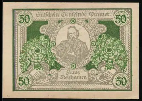 Notgeld Pramet 1920, 50 Heller, Franz Stelzhamer Porträt, Vaterhaus und Klosterkübel Szenen