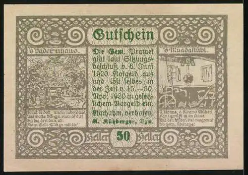 Notgeld Pramet 1920, 50 Heller, Franz Stelzhamer Porträt, Vaterhaus und Klosterkübel Szenen