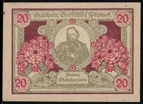 Notgeld Pramet, 20 Heller, Franz Stelzhamer Porträt und Szenen mit Hausansichten