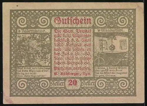 Notgeld Pramet, 20 Heller, Franz Stelzhamer Porträt und Szenen mit Hausansichten