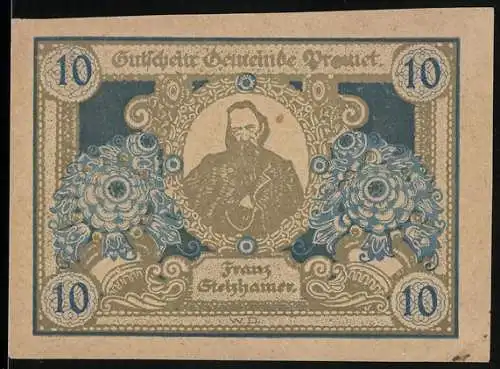 Notgeld Pramet 1920, 10 Heller, Franz Stelzhamer Porträt, Landschaftsszenen