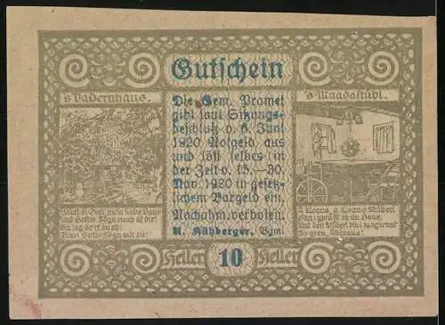 Notgeld Pramet 1920, 10 Heller, Franz Stelzhamer Porträt, Landschaftsszenen