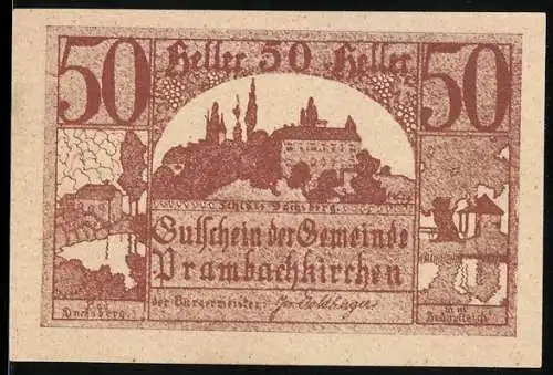 Notgeld Prambachkirchen 1920, 50 Heller, Burgsilhouette und Landschaftsmotive