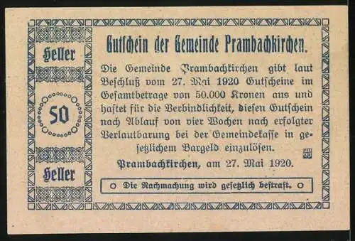 Notgeld Prambachkirchen 1920, 50 Heller, Burgsilhouette und Landschaftsmotive