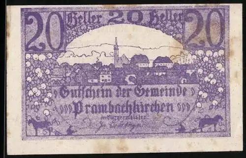 Notgeld Prambachkirchen 1920, 20 Heller, Dorfszene mit Kirchturm und Bäumen