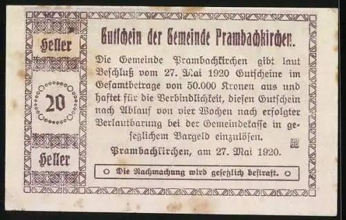 Notgeld Prambachkirchen 1920, 20 Heller, Dorfszene mit Kirchturm und Bäumen