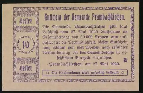 Notgeld Prambachkirchen 1920, 10 Heller, Burg und Kirche Motive