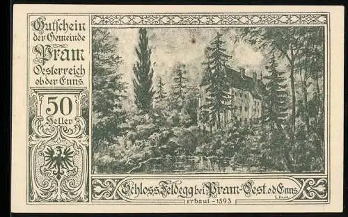 Notgeld Pram 1920, 50 Heller, Schloss Feldegg und ornamentale Schriftzüge