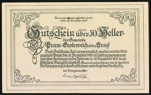 Notgeld Pram 1920, 50 Heller, Schloss Feldegg und ornamentale Schriftzüge