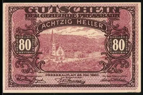 Notgeld Pressbaum 1920, 80 Heller, Stadtansicht mit Kirche und Hügeln