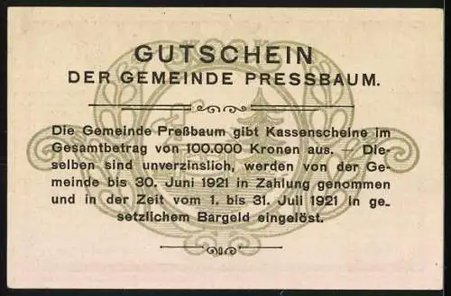 Notgeld Pressbaum 1920, 80 Heller, Stadtansicht mit Kirche und Hügeln