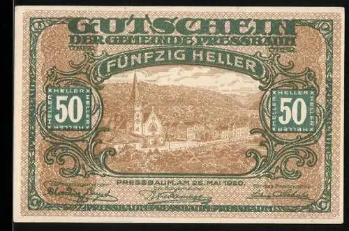 Notgeld Pressbaum 1920, 50 Heller, Stadtansicht mit Kirche, Gutschein der Gemeinde Pressbaum