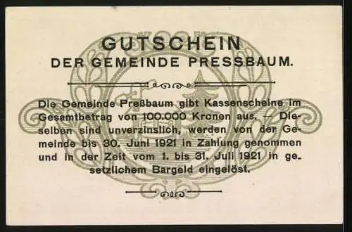 Notgeld Pressbaum 1920, 50 Heller, Stadtansicht mit Kirche, Gutschein der Gemeinde Pressbaum