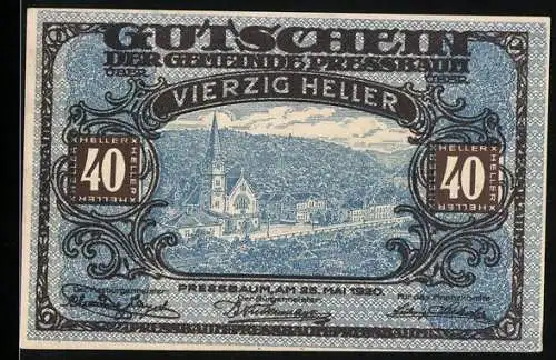 Notgeld Pressbaum 1920, 40 Heller, Stadtansicht mit Kirche und Hügeln im Hintergrund